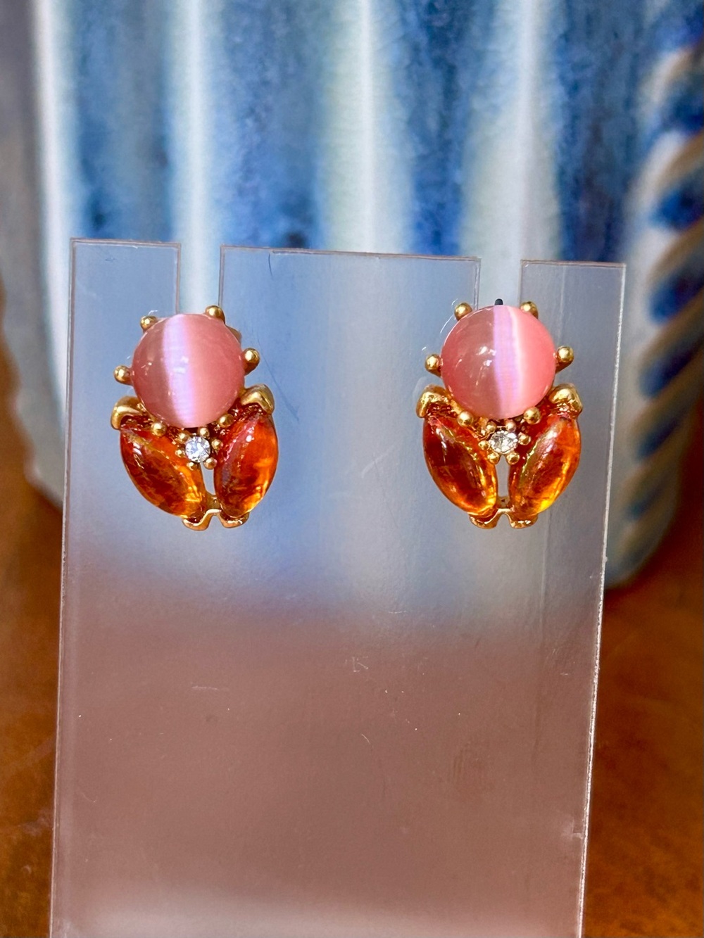Gold-Tone Pink and Amber Cat's Eye Stud Earrings
